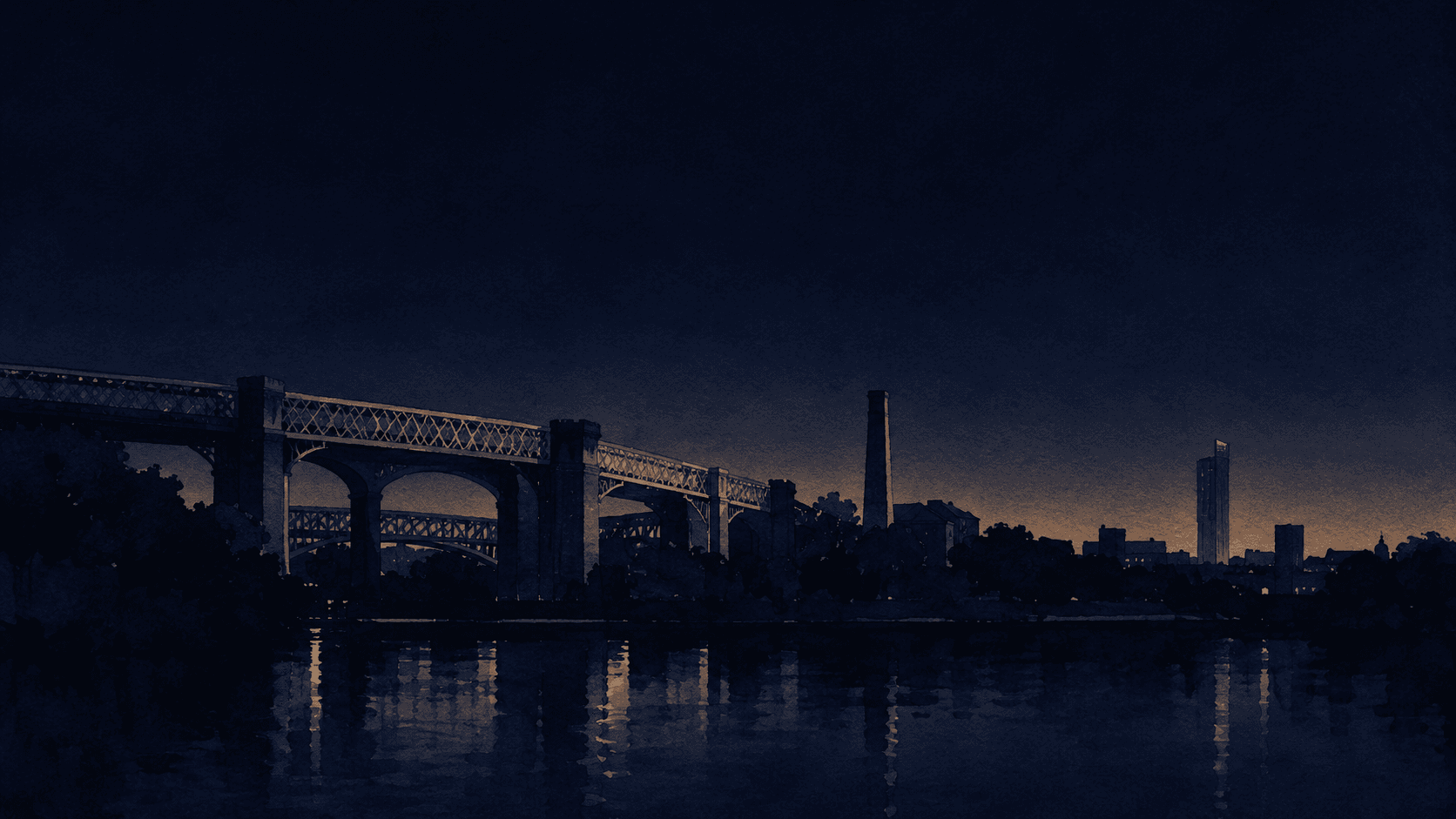 A painting of Manchester at dusk